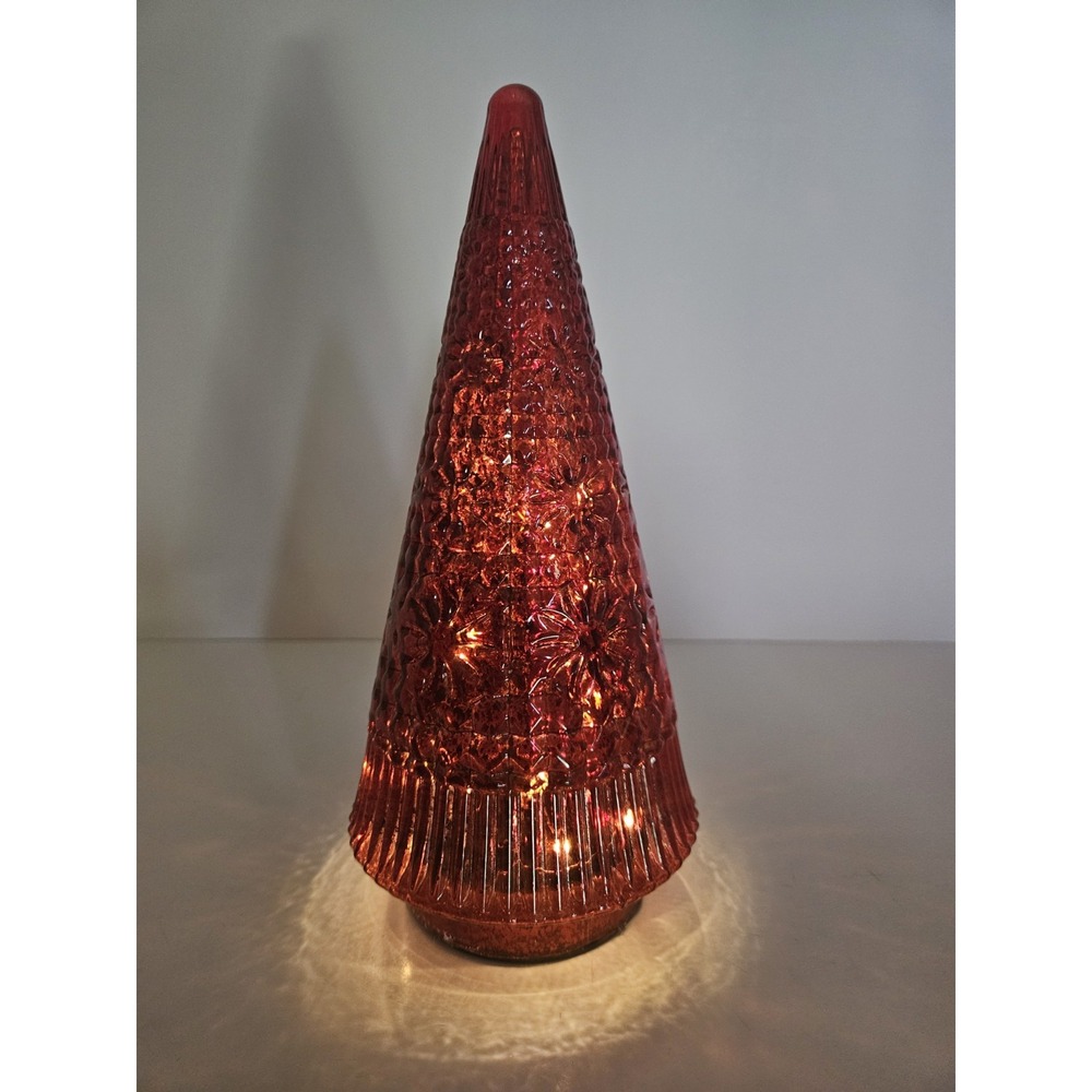 Red Mercury Glass Lighted Christmas Tree Tabletop Decor Cone Figurine Glowing